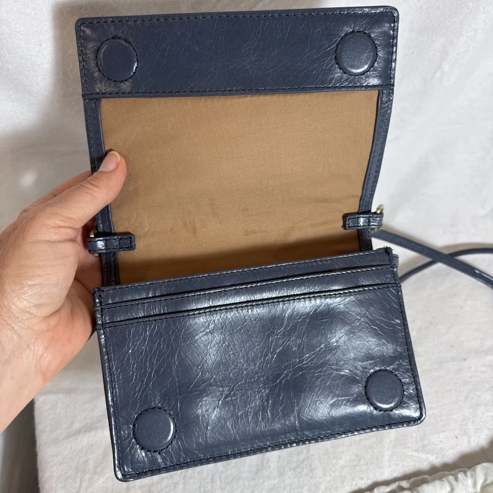 HOBO Jill Wallet Crossbody in Polished Leather -‎ Dark Blue With Dust Bag 7x5